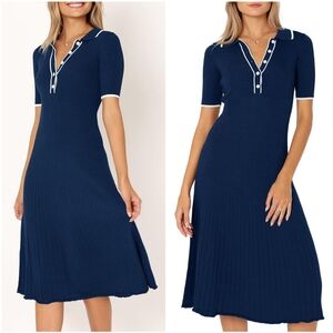 NIB Mitilly Navy Blue White Polo V Button Up Short Sleeve Sweater Midi Dress M